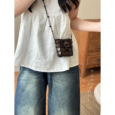 Brown coconut shell flower woven bag-132cm