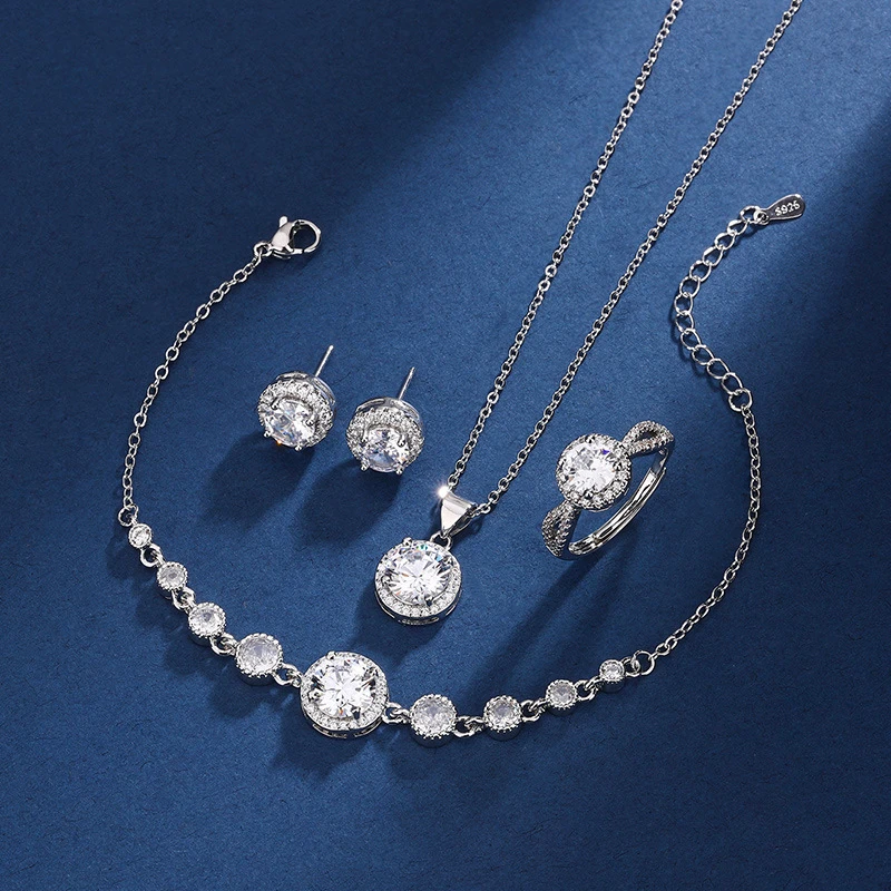 Round Bag jewelry four-piece set high-grade simple fashion niche zircon temperament suit necklace bracelet earrings ring