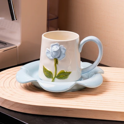 Blooming flowers-hand-painted cups and saucers [blue]