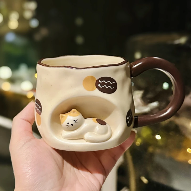 3D Cat Ceramic Mug with Unique Design, Coffee Cup for Couples, Cute Water Cup, Instagram Style Souvenir