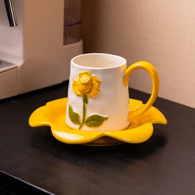 Blooming flowers-hand-painted cups and saucers [yellow]