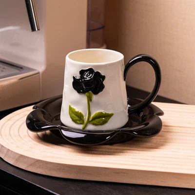 Blooming flowers-hand painted cups and saucers [black]