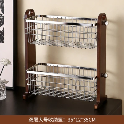 Double-layer large storage basket (stainless steel + solid wood)