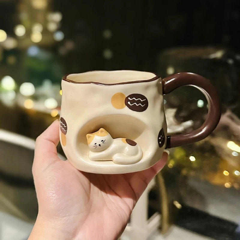3D Cat Ceramic Mug with Unique Design, Coffee Cup for Couples, Cute Water Cup, Instagram Style Souvenir