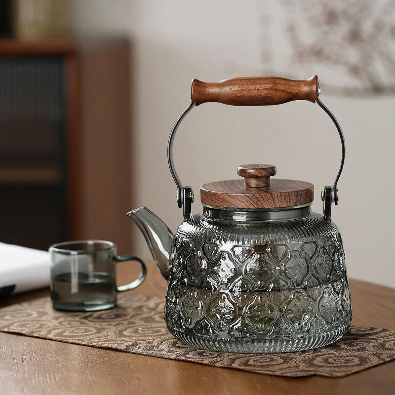 High-End Smoky Gray Glass Teapot with Handle, High Borosilicate Glass, Integrated Steaming and Brewing, Flower Tea Pot, Can Be Heated as a Kettle
