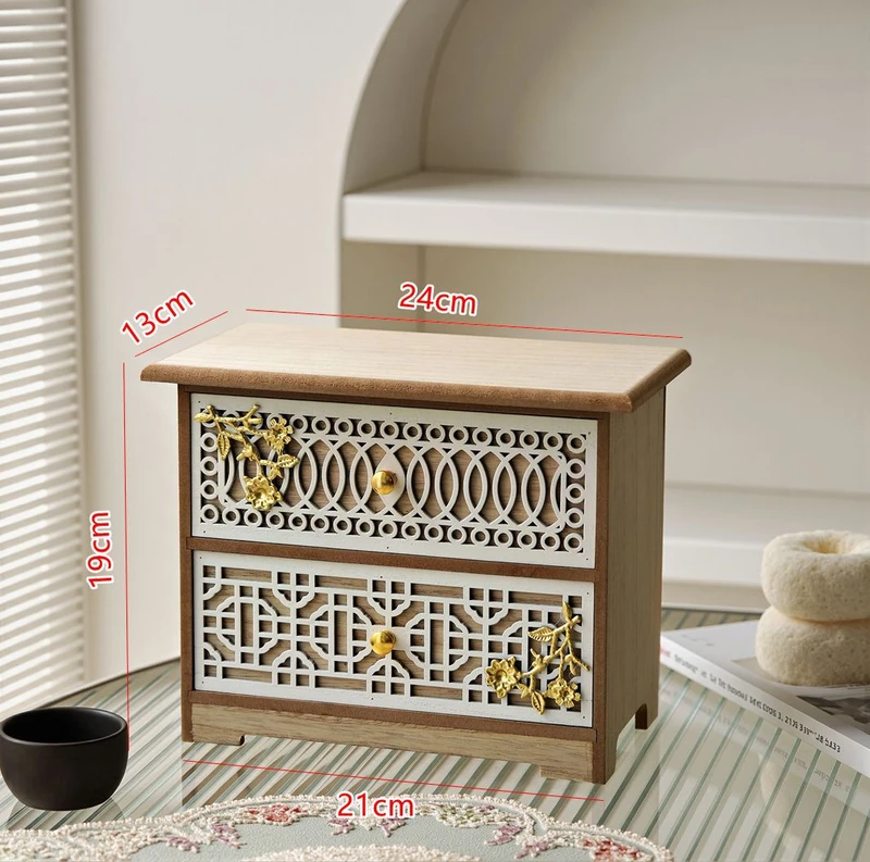 Wooden Ethnic-Style Vintage Carved Hollow-Out Desktop Storage Cabinet with Drawers, Multi-Layer Dust-Proof Storage Cabinet