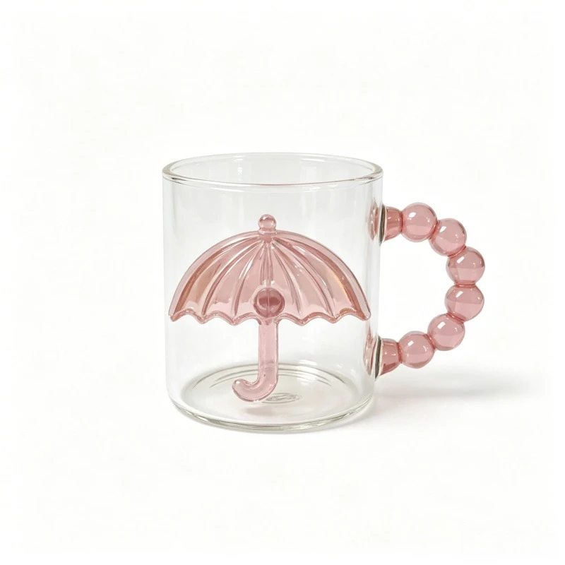 French-Style High-Appearance Exquisite Girly Pink 3D Umbrella Glass Cup for Home Use, Large Capacity Coffee Cup, Water Cup, Juice Cup