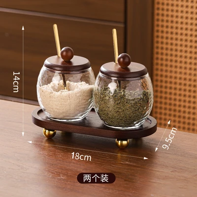 Two-slot spice jar set with base and spoon