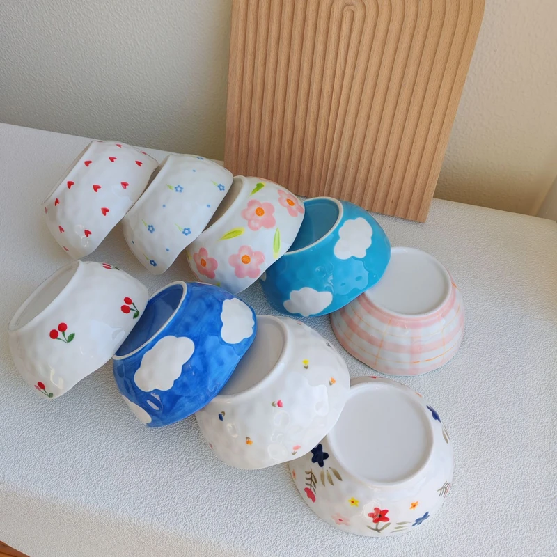 5inch Ceramic Bowl with Underglaze Color, Hand-Painted Ins-Style Girly Ceramic Bowl with Heart and Bow, Cute Rice Bowl, Fruit Bowl