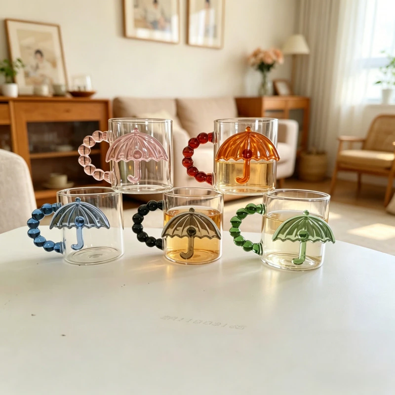 French-Style High-Appearance Exquisite Girly Pink 3D Umbrella Glass Cup for Home Use, Large Capacity Coffee Cup, Water Cup, Juice Cup