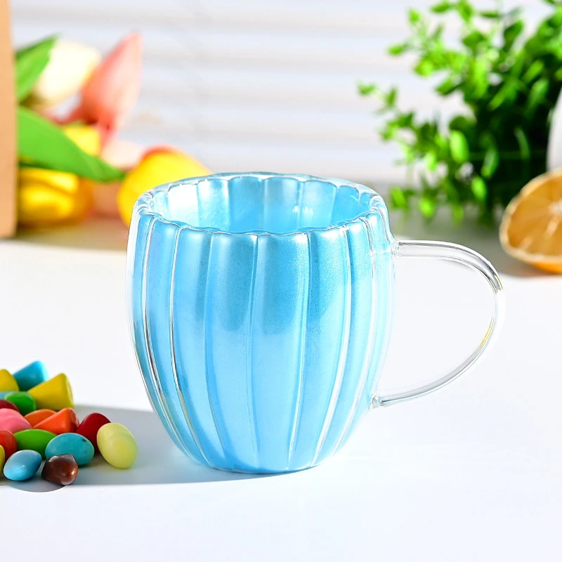 High Borosilicate Double-Layer High-Temperature Resistant Glass Cup for Home Use, Colorful Ins-Style Handle Cup, Office Breakfast Coffee Milk Cup