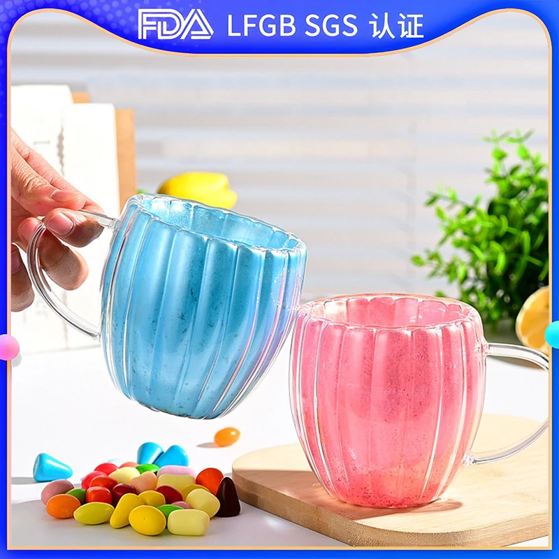 High Borosilicate Double-Layer High-Temperature Resistant Glass Cup for Home Use, Colorful Ins-Style Handle Cup, Office Breakfast Coffee Milk Cup