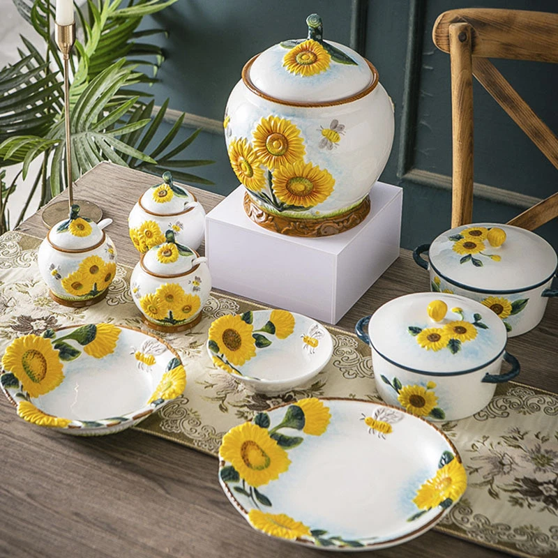Chinoiserie Fresh Sunflower Hand-painted Ceramic Tableware and Dishes Set High-value Dinner Plate High-end Soup Pot Plate Rice Jar