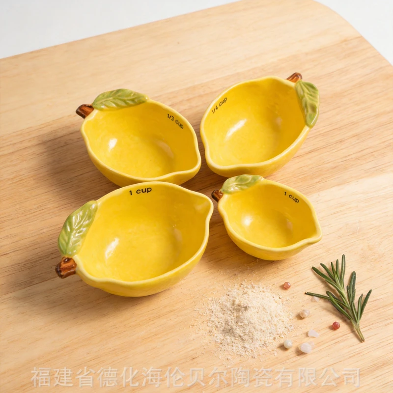 Lemon Shape Ceramic Measuring Spoon Four-Piece Set Kitchen Baking Measuring Bowl Amazon Creative Ceramic Measuring Cup Measuring Spoon Set