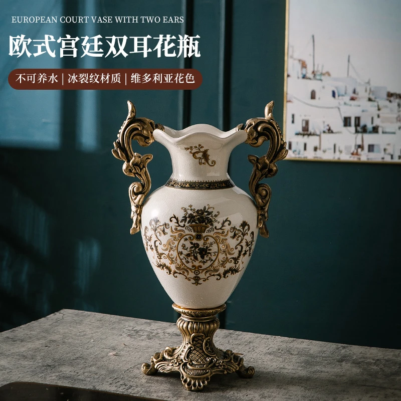 Creative European-Style Double-Eared Floor-Standing Ceramic Vase for Flower Arrangement, High-End American Retro Style, Personalized Home Decoration Vase