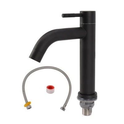 Matte black stainless steel curved spout single cold basin + 60 long hose