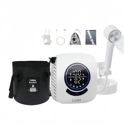 【hw-01-7】newly upgraded portable shower 8000ma (customized) white + black bucket