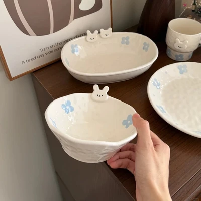 Blue flower bear rabbit - 6inch bowls