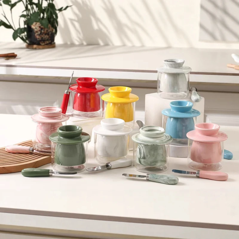Cross-Border Ceramic Butter Cup Foreign Trade Butter Jar with Water Seal and Lid Cheese Seal Jar Creative Western Butter Box