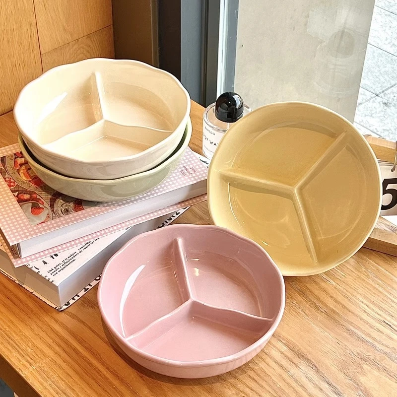 Cream-Style Ceramic Divided Plate Household Simple Deepened Fat-Reducing Bowl Quantitative Personal Three-Compartment Plate Divided Meal Plate