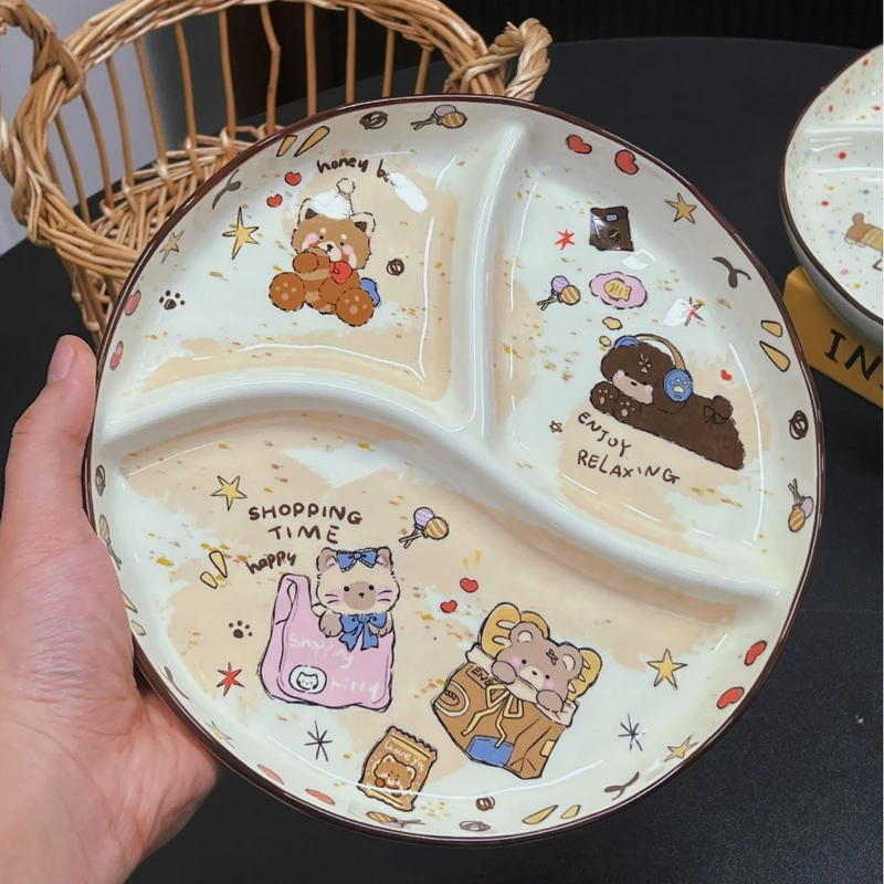 2026 New Cartoon-Style Three-Compartment Meal Plate, Low-Fat Meal Plate, Hand-Squeezed Sausage Dog Pocket Bear Plate with a High-End Feel