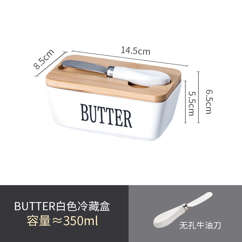 Visual Butter Box Refrigerated Box with Knife Ceramic Rectangular Butter Dish with Wooden Lid Cheese Ceramic Butter Box