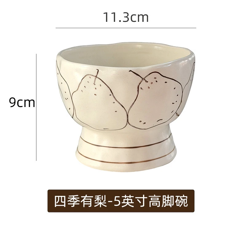 Four Seasons Pear Ceramic Rice Bowl Japanese-style Household Dishes and Tableware Set with High-footed Dessert Bowl, Soup Plate, and Sauce Dish