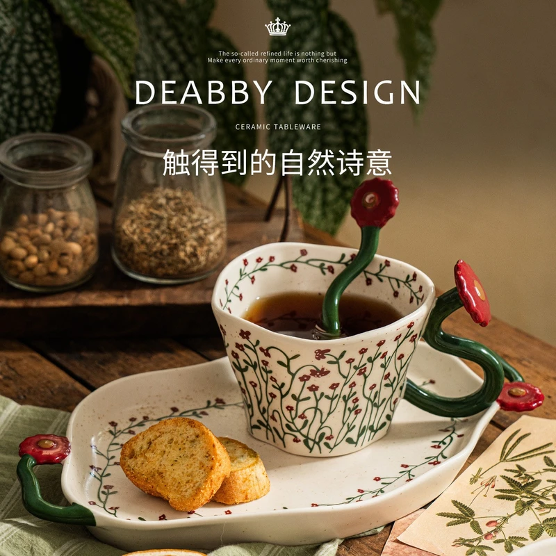 Retro-style ceramic cups for home and office use, featuring a beautiful design, perfect for afternoon tea and coffee; ceramic mugs with floral patterns