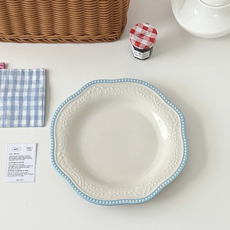Ins Style French Retro Lace Embossed Dinner Plate Household Cup Saucer Ceramic Tableware Simple Plate Dessert Plate
