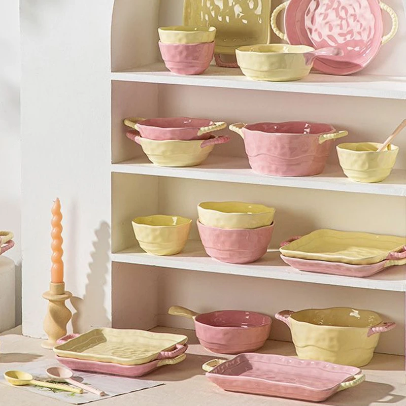Ins Color Matching High-End Ceramic Handle Bowl Baking Bowl High-Value Plate Atmosphere Instant Noodle Bowl Fruit Yogurt Bowl