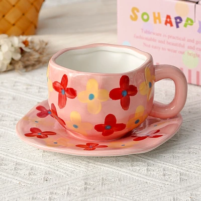 Xd-1060-007t ins style cup and saucer (red background flowers)