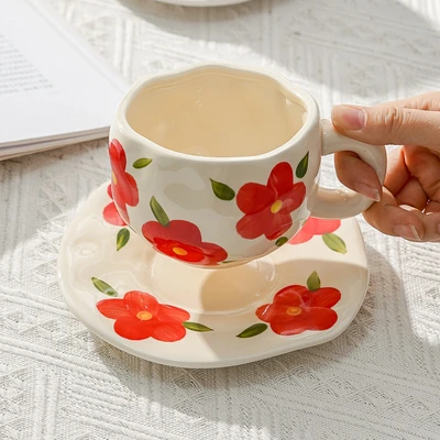 Xd-1060-010o cup and saucer (big red flower transparent yellow glaze)