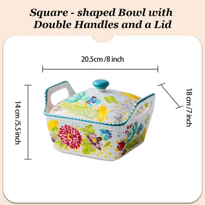8inch double-eared baking bowl with square handle and lid