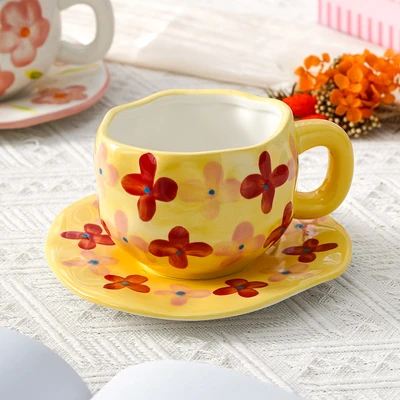 Xd-1060-007d ins style cup and saucer (yellow background flowers)