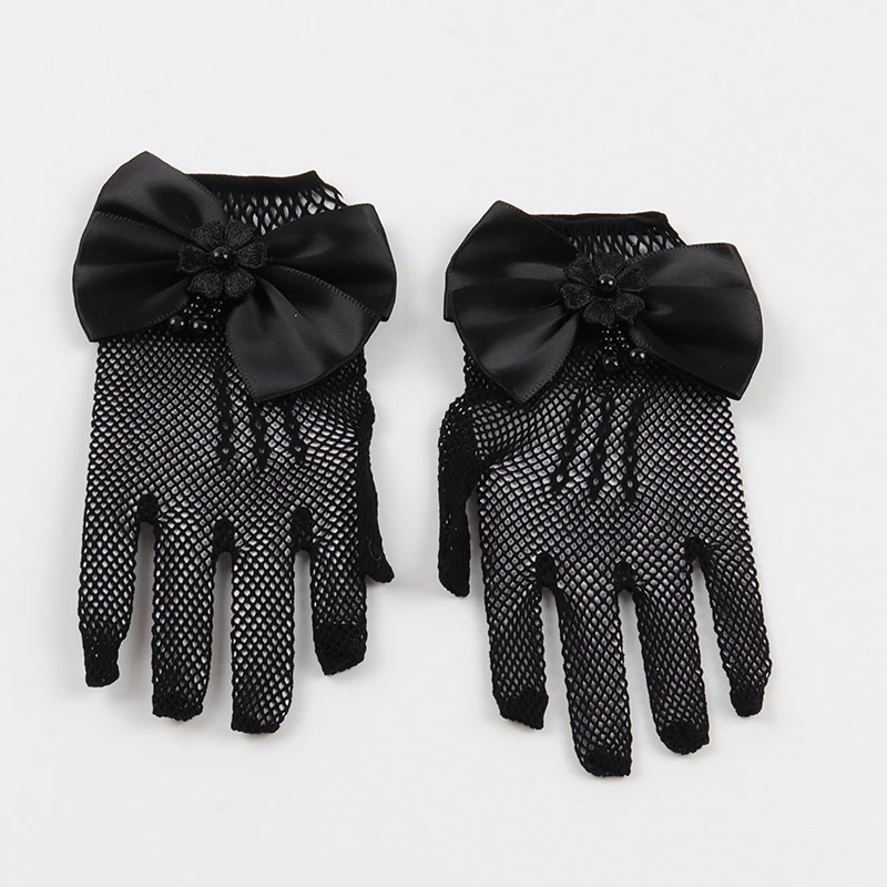Children's Gloves Summer Thin Girl's Stretch Mesh Bow Princess Performance Flower Girl Bride Wedding Finger White