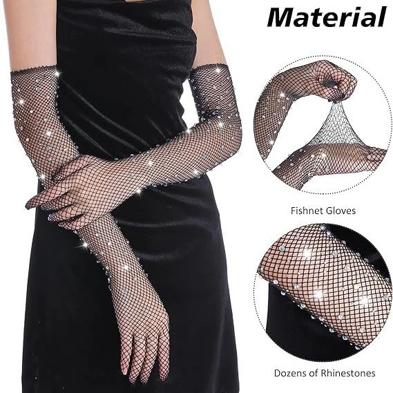 Cross-Border Popular Black Mesh Glitter Diamond Gloves Long Internet Celebrity Sexy Hot Girl Stage Performance Hollow Colored Diamond Fishnet
