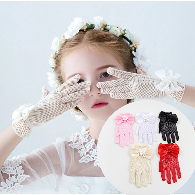Children's Gloves Summer Thin Girl's Stretch Mesh Bow Princess Performance Flower Girl Bride Wedding Finger White