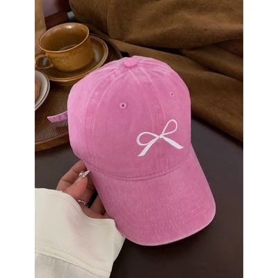 Bow Washed Baseball Cap-Pink