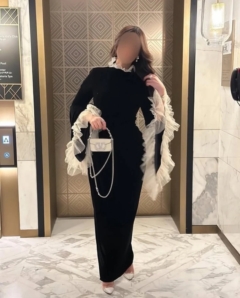 2026 New Cross-Border European and American Independent Site Vintage Black Velvet Patchwork Ruffle Long-Sleeve Evening Dress