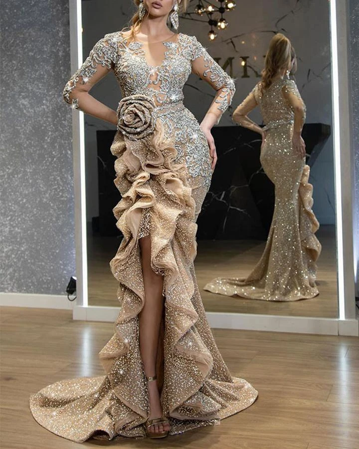 European and American Style New Cross-Border Women's Fashion Independent Site Ebay Sexy Gold-Spattered Long-Sleeve Evening Gown with Train New Model