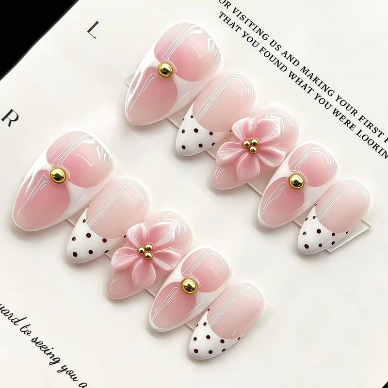 Peach pink gradient 3D carved polka dot French ultra-short almond PRESS ON NAILS (WITH FREE STICKERS)
