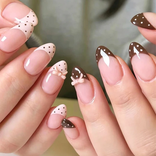 French-Style Polka Dots with Bows Press on Fake Nails (with free sticker)