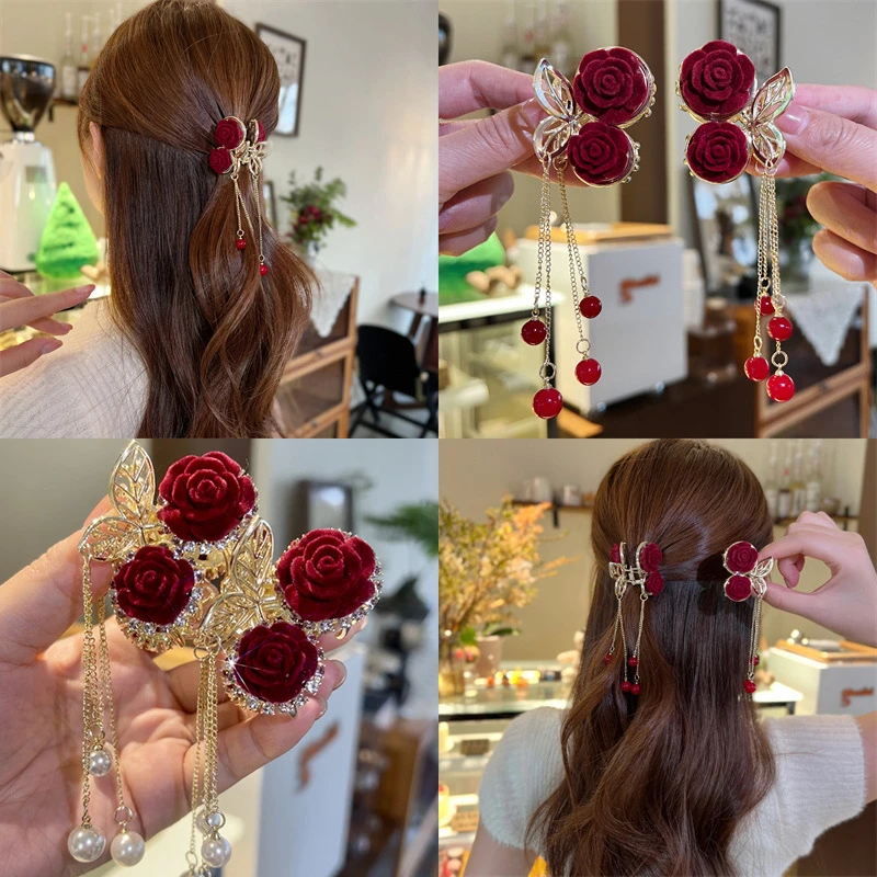 Red Flocking Rose Flower Grab Clip Women's Autumn and Winter Half-Tie Hair Clip Headwear Small Cherry Tassel Hair Clip