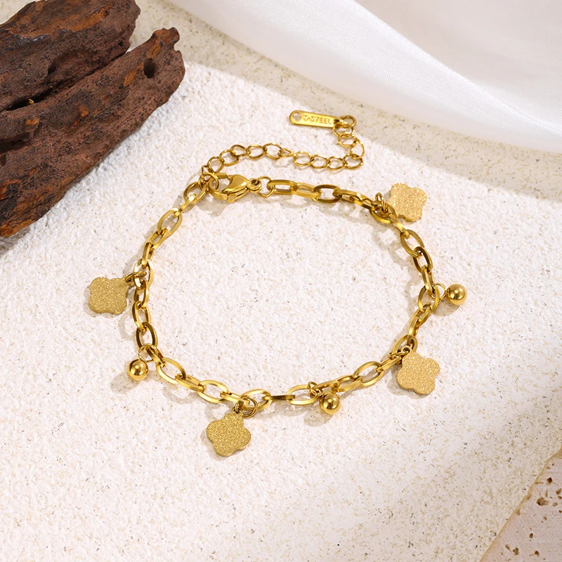 Cross-Border Popular Titanium Steel Non-Fading Frosted Tassel Butterfly Bracelet for Women, Simple and Versatile Four-Leaf Clover Heart Jewelry