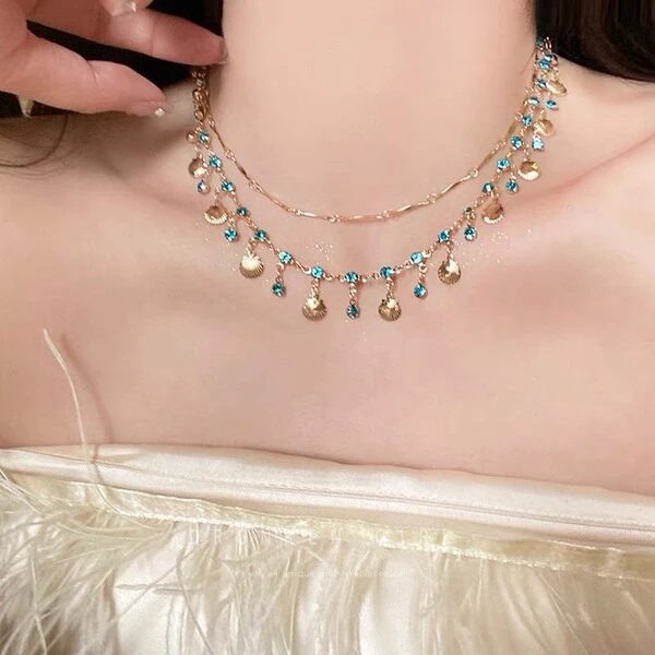 Daughter of the Sea ~ Blue Zircon Gold Shell Necklace All-match