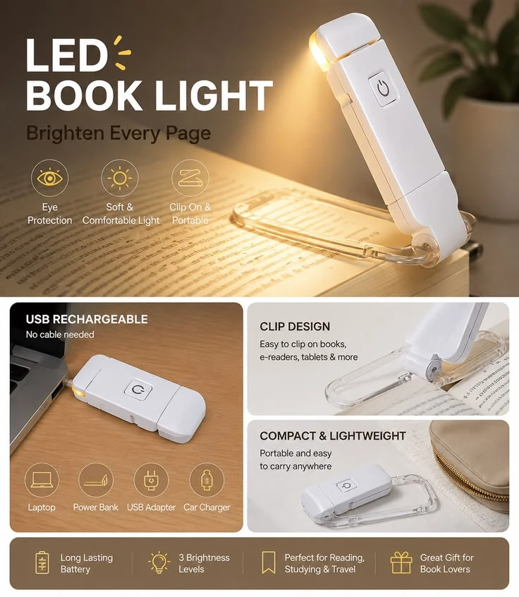 Rechargeable 360° Foldable LED Book Reading Light with Clip & Stand