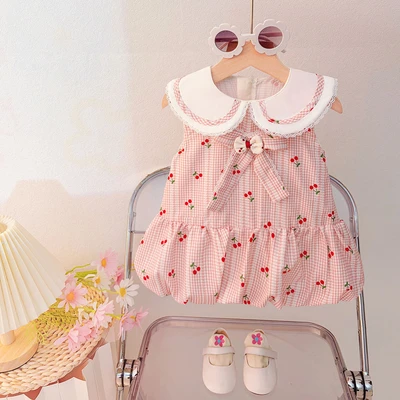 Pink summer dress with cherry print for white-collar women