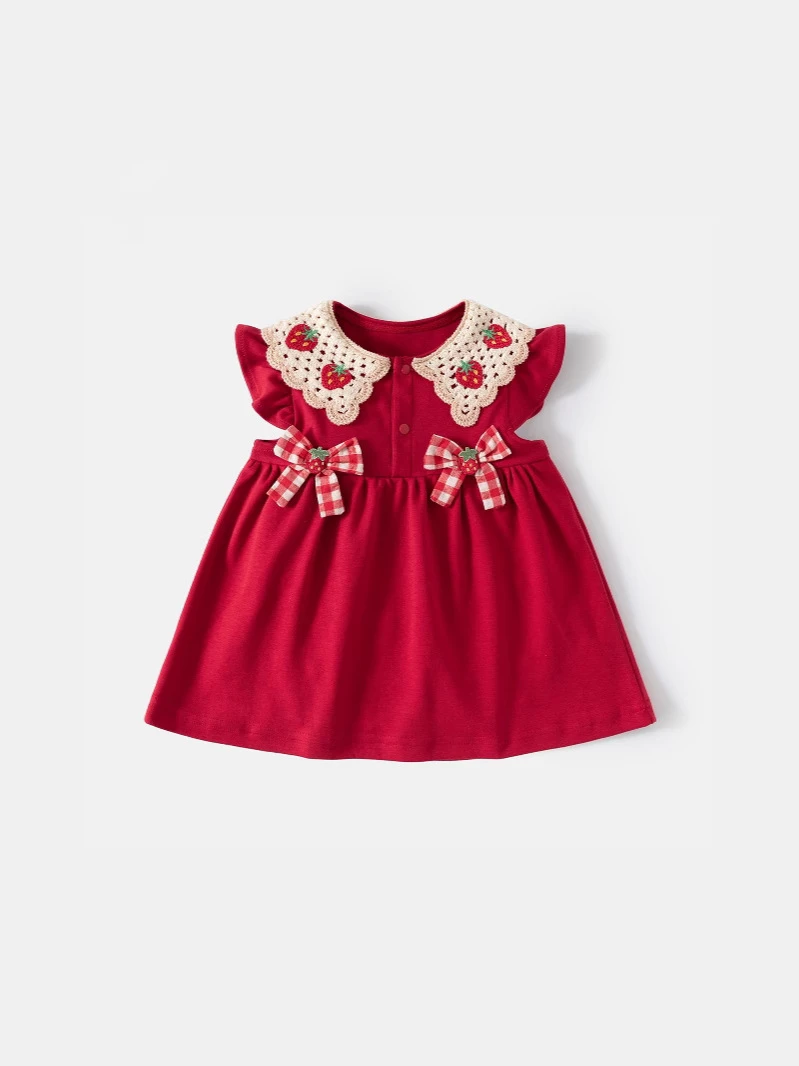 Girls Red Cotton Princess Dress with Strawberry Bow