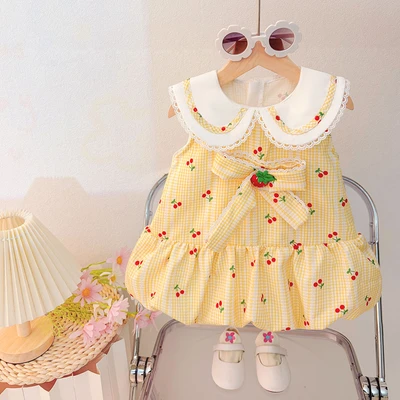 Yellow summer dress with cherry print for white-collar women