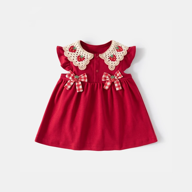Girls Red Cotton Princess Dress with Strawberry Bow
